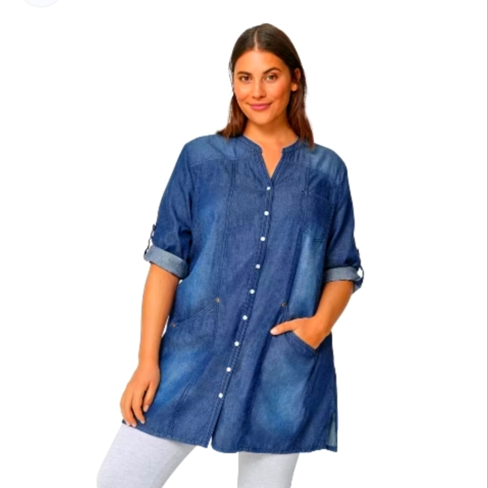 Ellos Denim-Effect Button Front Midi Dress in Blue